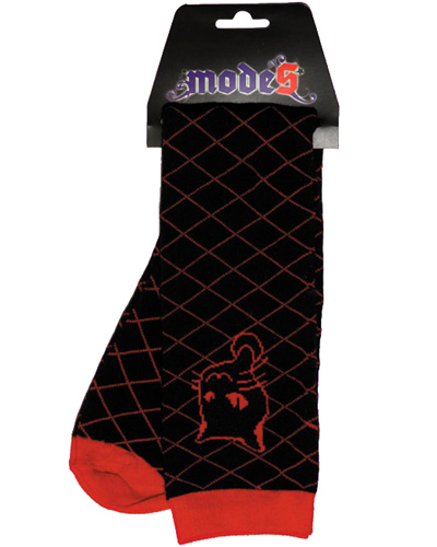 ModeS zwarte dames knie kousen met rode ruiten motief en een kat 3