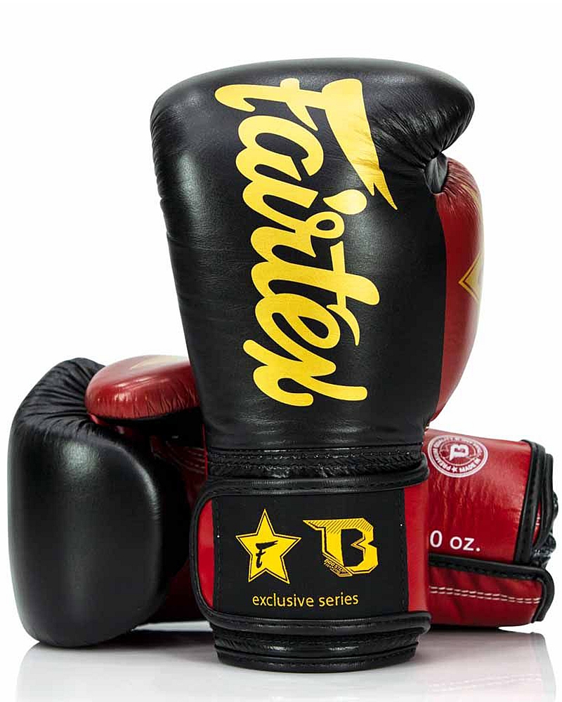 Fairtex X Booster BGVB2 leather boxing gloves in black/red/gold 1