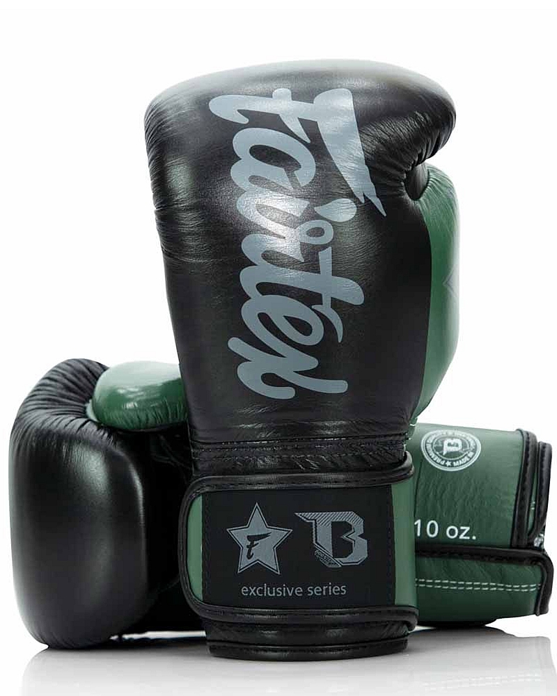Fairtex X Booster BGVB2 leather boxing gloves in black/olive gre 1